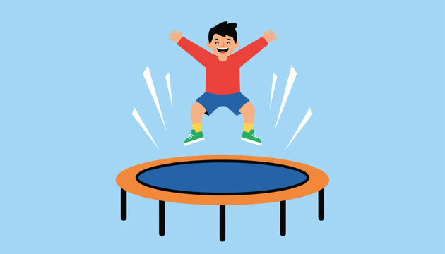 Cheerful young boy jumping high and celebrating on an outdoor trampoline against a clear blue background.