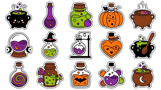 Set of colorful hand drawn halloween magic potion bottles and witch cauldrons