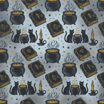 Magical witchcraft pattern with black cats steaming cauldrons and spell books on soft blue background for spiritual crafts.