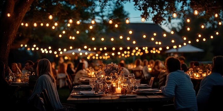 outdoor evening communal dinner under string lights and candles with guests seated at a long table, warm cozy festive atmosphere