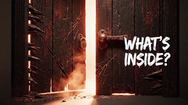 Dark wooden door opening with glowing light revealing mysterious atmosphere in this cinematic motion background 3d render animation footage clip