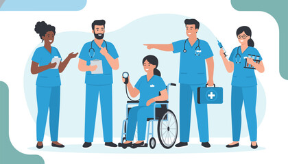 Fototapeta premium Group of five diverse medical professionals in blue scrubs standing with healthcare tools and smiling on a soft background.