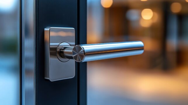 sleek stainless steel door handle on glass door with warm blurred interior lights, modern inviting atmosphere
