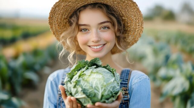 Person in straw hat and denim overalls gently holding a fresh green cabbage in a sunlit cabbage field, conveying calm pride and contentment