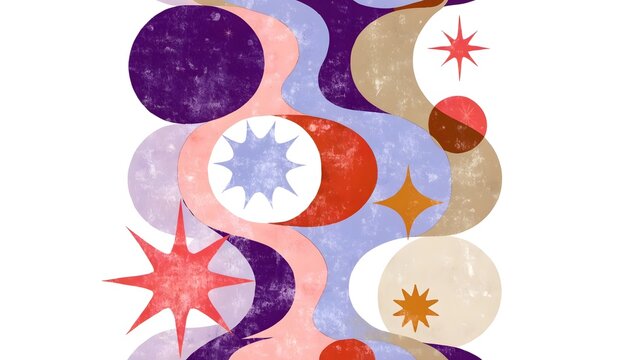 Retro abstract geometric collage with cosmic stars and wavy shapes. Mid century modern celestial design art. Vintage shapes and glowing stars arranged in a decorative composition