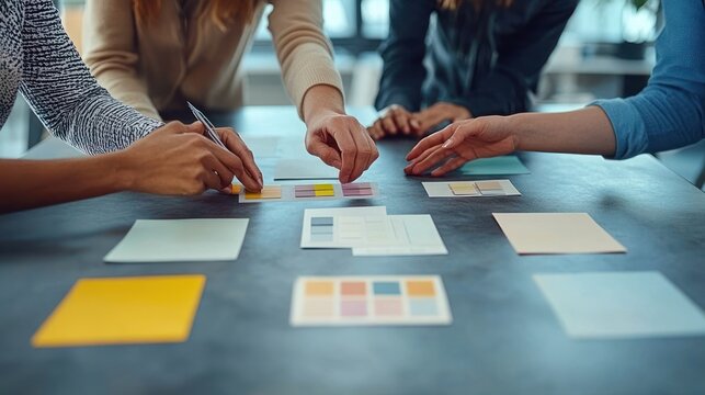 hands of a small team arranging color swatches and sticky notes on a table in a focused collaborative design meeting