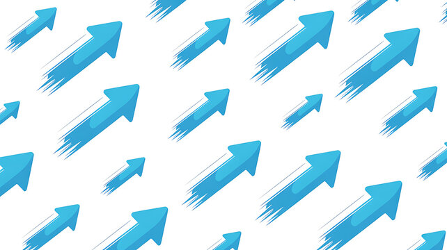 Pattern of multiple blue arrows pointing upwards with motion blur effects on white background.