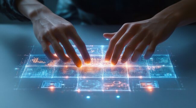 Two hands interacting with a glowing holographic touchscreen grid of blue and orange data tiles, focused and engaged in precise gesture control