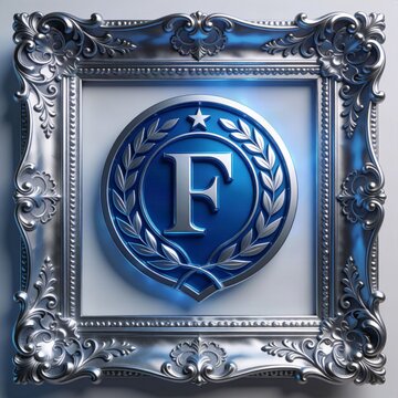 Elegant blue monogram F framed in ornate silver laurel wreath decorative emblem