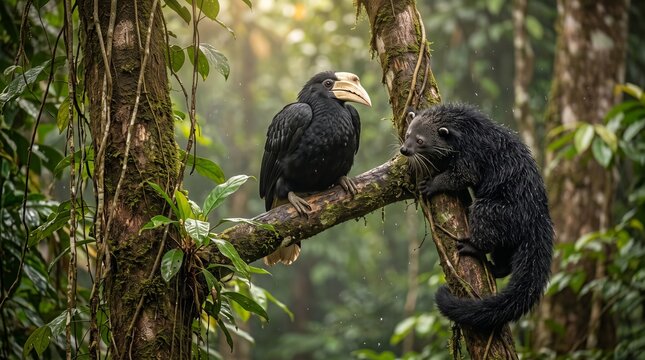 Tropical rainforest scene with toucan and bearcat on tree branch