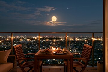 Obraz premium 輝く満月と都市夜景を見渡すバルコニーで楽しむロマンチックなディナー