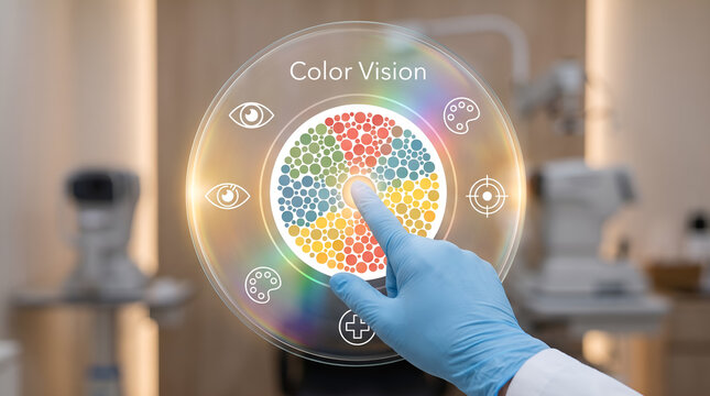 Color vision test on digital interface in ophthalmology clinic, doctor hand in medical glove touching futuristic eye exam screen, modern optometry diagnostic technology concept