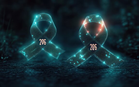 Two glowing holographic teal awareness ribbons with numeric 206, floating mesh particles on dark textured surface, futuristic contemplative atmosphere