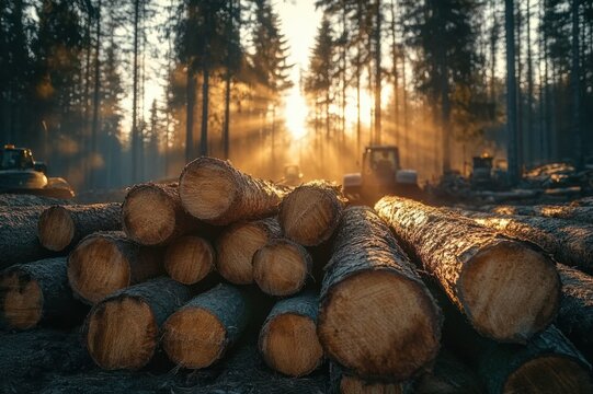 stack of freshly cut logs in a pine forest at golden hour with sun rays piercing mist and heavy logging machinery in the distance, calm melancholic morning worksite