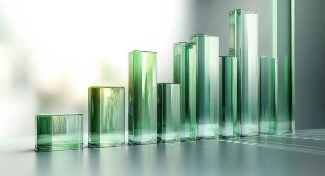 row of translucent green glass column blocks arranged like an ascending bar chart on a reflective surface with soft light and a serene futuristic mood
