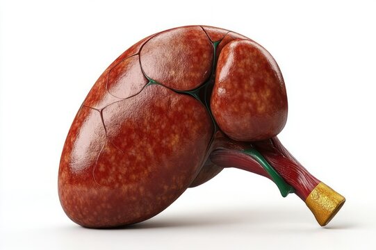 detailed realistic human kidney with attached ureter and blood vessels isolated on white background, clinical and educational tone