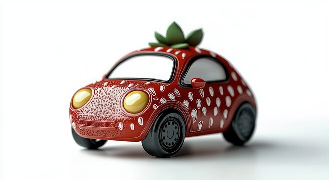 Playful miniature red toy car shaped like a glossy strawberry with white seeds, green leaf roof, round yellow headlights and black wheels, whimsical cheerful design
