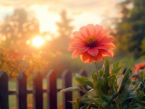 single vibrant orange garden flower in golden hour light with green leaves and a wooden picket fence bokeh, evoking warm peaceful tranquility
