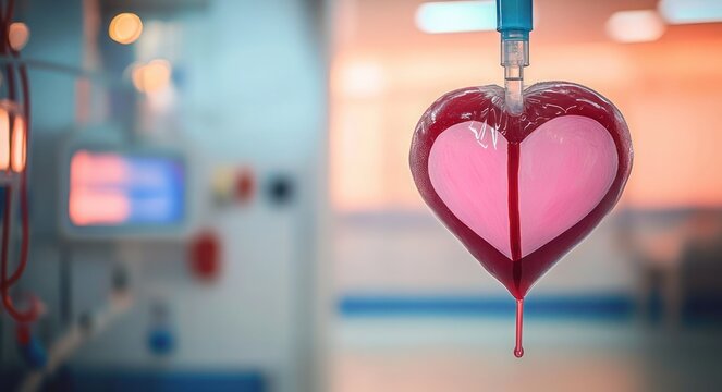 heart-shaped intravenous bag filled with red fluid and pink center dripping a single drop in a blurred hospital setting, evoking compassion and hope