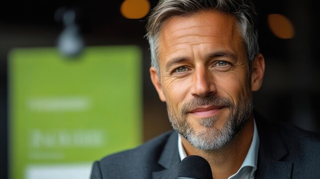 professional man in suit holding a microphone with face obscured by blur, speaking at an indoor event in front of a green out-of-focus sign and warm bokeh, focused and confident