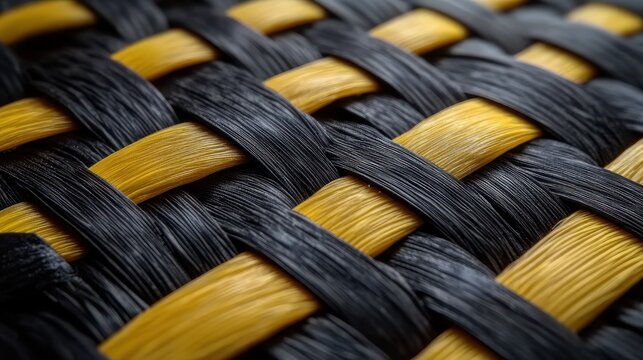 macro close-up of glossy woven black and yellow synthetic fibers in a braided pattern, tactile repetitive texture conveying bold energetic contrast