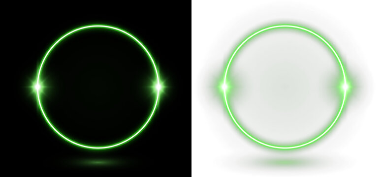 Glowing green neon circle frame with light effects isolated on transparent background