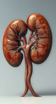 paired kidneys merged into a tree-like form with trunk-like ureters and branching blood vessels, surreal organic elegance on a neutral background