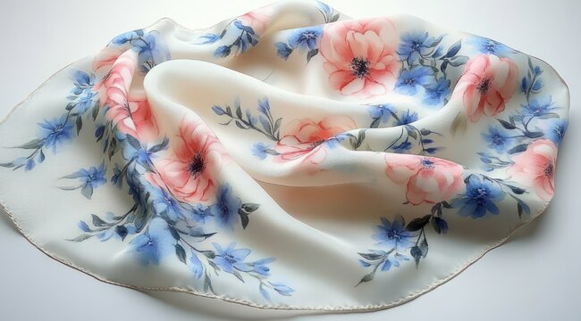 delicate white silk scarf with pink and blue watercolor floral print draped in soft folds, elegant romantic and gentle mood