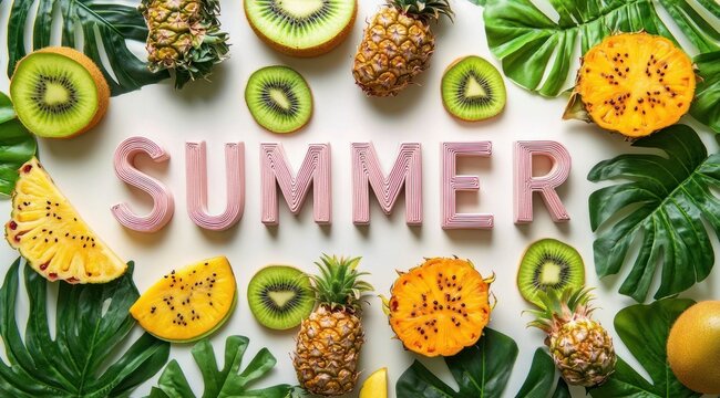 Cheerful summer flatlay with pink block letters spelling summer surrounded by pineapples sliced yellow dragon fruit kiwi rounds and tropical monstera leaves