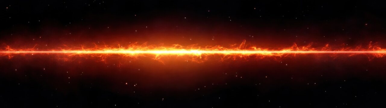 intense fiery horizontal beam across a dark starry background with glowing sparks and embers, dramatic energetic plasma streak dividing the void