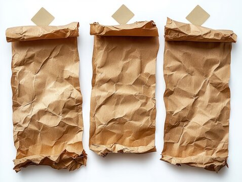 three crumpled brown kraft paper bags with folded tops and beige tabs on white background, minimalist earthy rustic mood