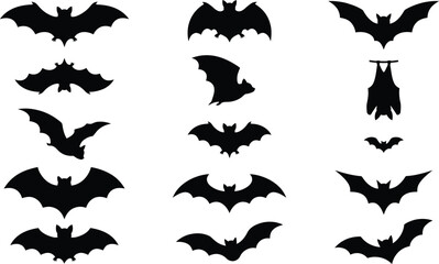 Fototapeta premium Set of various bat silhouettes in flight, hanging upside down, and resting poses for halloween decorations and projects
