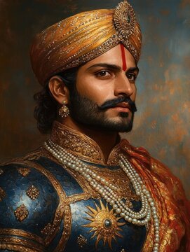 Regal portrait of a noble figure in a bejeweled turban and layered pearl necklaces, wearing ornate blue and gold armor with sun emblem, exuding dignified pride