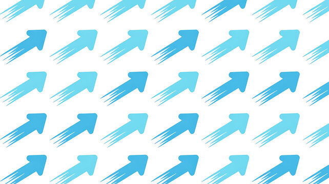 Seamless pattern of blue arrows pointing upwards with motion blur effects on white background.