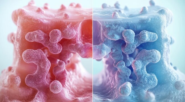 Close-up of two porous organic microstructures with nodular protrusions in warm red and cool blue, split down the middle, evoking curious surreal contrast