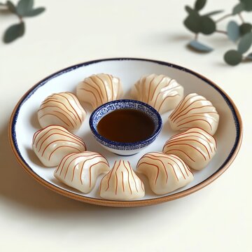 ring of delicate glossy dumplings with decorative brown stripes surrounding a blue ceramic dipping bowl on a white plate, elegant and inviting presentation