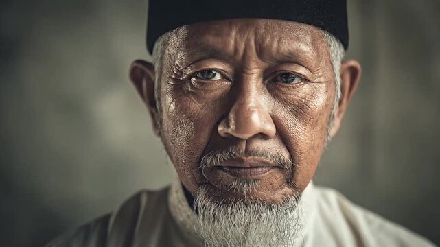 Portrait of elderly man with white beard and kufi.