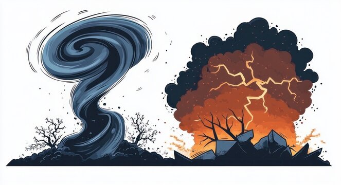 Dramatic stylized scene of a dark swirling tornado beside a fiery explosive cloud with lightning, shattered ground, dead trees and smoldering debris conveying destruction and chaos
