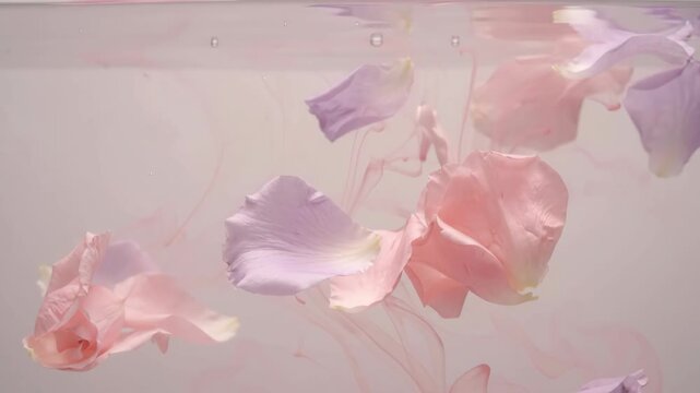 Delicate pink and purple flower petals float and dissolve slowly in water, releasing soft color trails in a dreamy close-up shot.