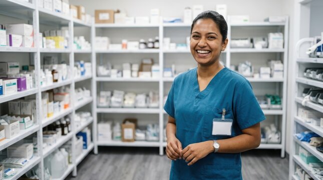 Smiling indian female pharmacy technician wearing blue scrubs standing in front of shelves stocked with medical supplies.