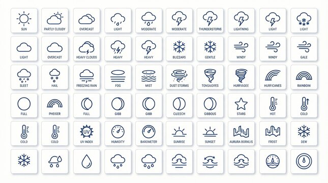Weather icon collection featuring diverse meteorological symbols including clouds rain sun stars and temperature gauges displayed in a professional grid layout for modern digital web design.
