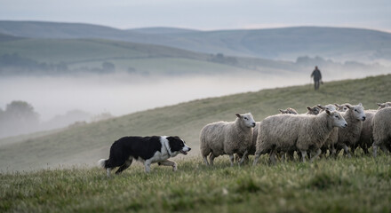 Fototapeta premium Working Sheepdog Herding Flock Across Misty Hillside at Dawn
