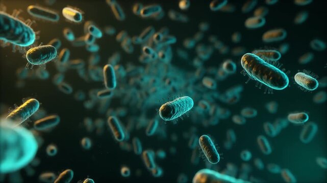Macro biological visualization of floating bacteria or germs on a dark background loop motion background