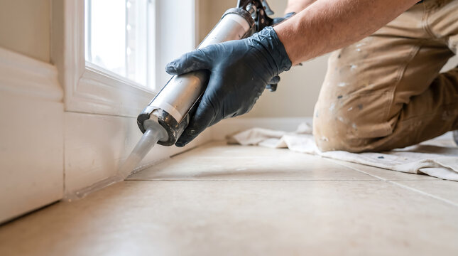 Professional worker applying silicone sealant with caulking gun along baseboard and floor tiles during interior renovation and home maintenance project