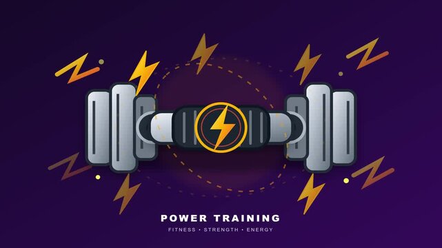 Animated dumbbell exercising with bright lightning bolts in motion video footage