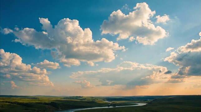 Panoramic Green Hills and Winding River under Dramatic Clouded Sky