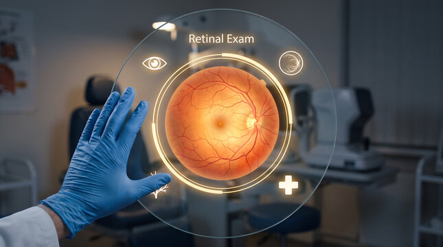 Futuristic retinal exam with digital holographic interface, ophthalmologist hand in blue glove analyzing eye retina scan, modern optometry clinic and ophthalmic diagnostic technology