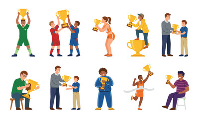 Fototapeta premium Achievement trophy and successful people vector illustration set