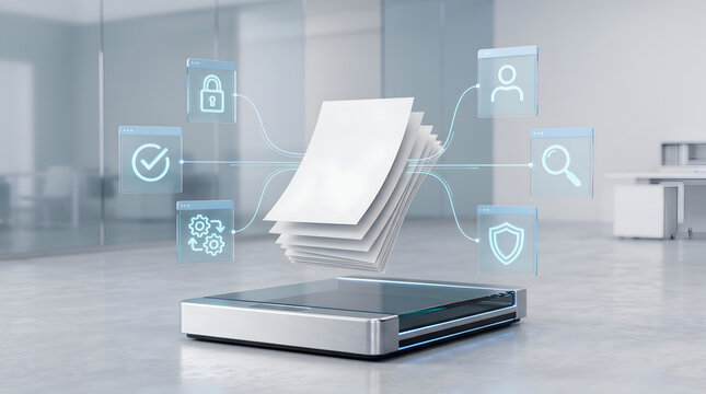 Digital Document Management System Concept with Paper Scanning Holographic Interface Icons