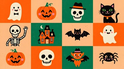 Fototapeta premium Seamless repeating pattern of cute Halloween or autumn elements gracefully displayed